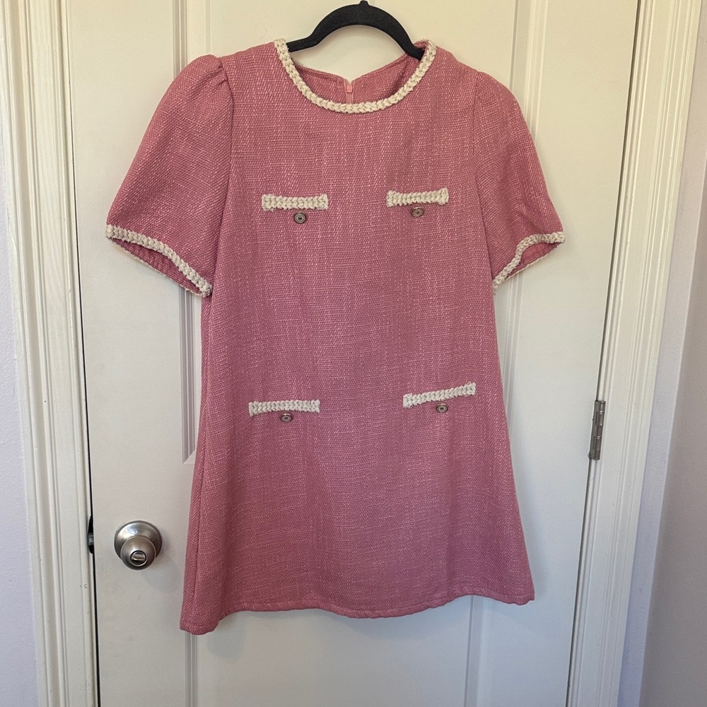 Pink tweed Short Sleeve Dress with White and gold Trim